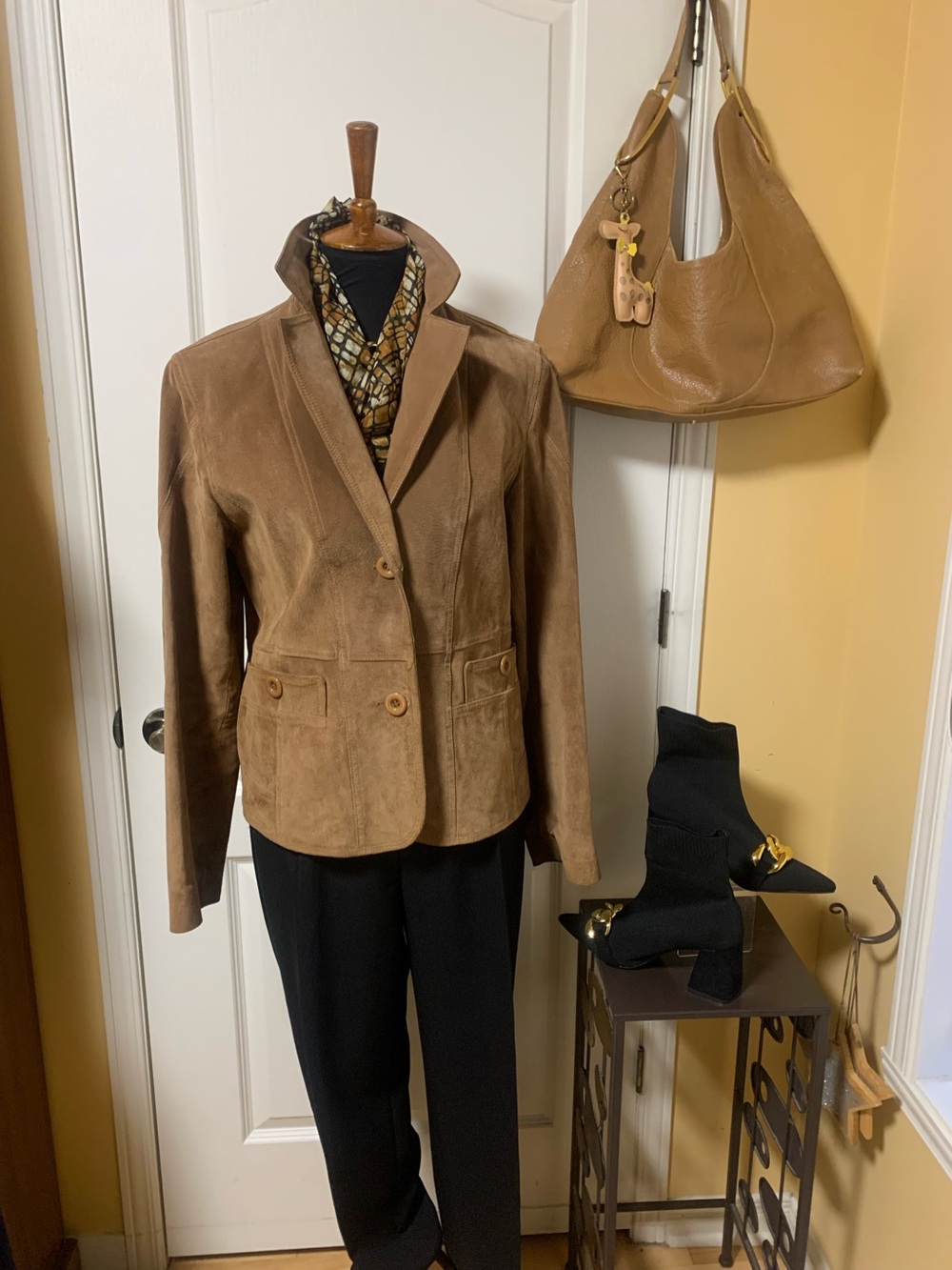 Genuine Suede /leather vintage Button-Front Jacket camel Jessica